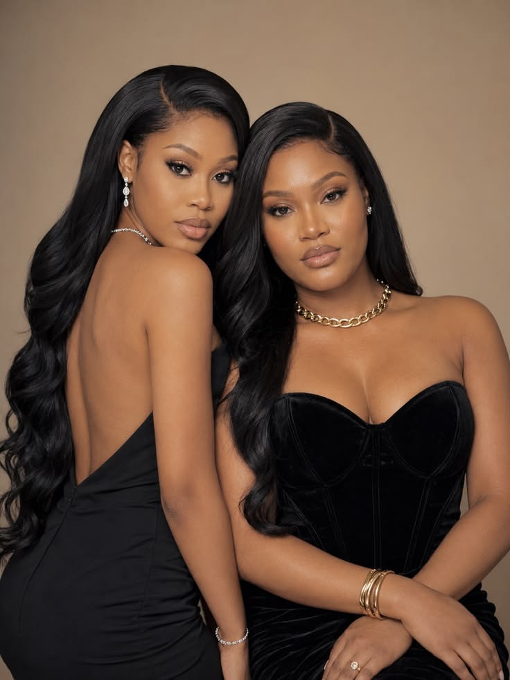Two women in black dresses and gold jewellery against a warm beige studio backdrop